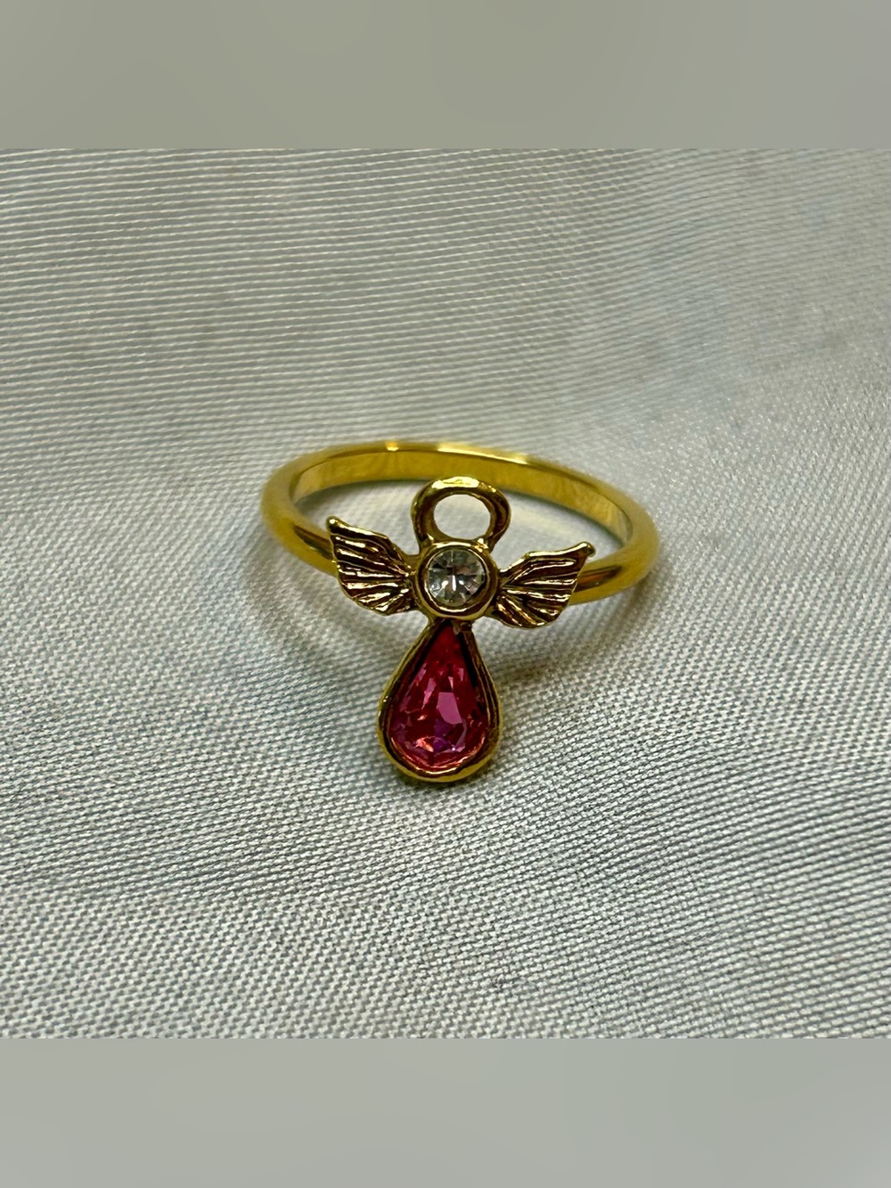 Gold Angel Teardrop Ring with Pink Gem
